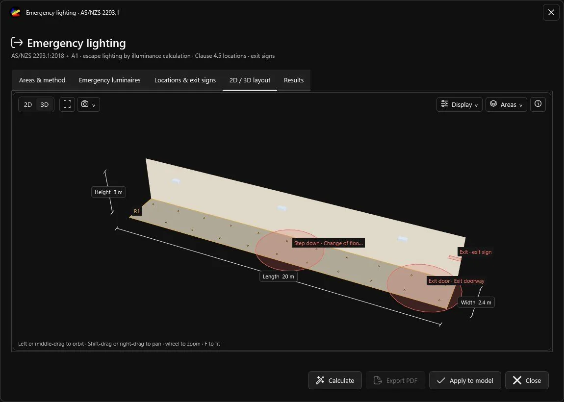 Emergency lighting results along an escape route