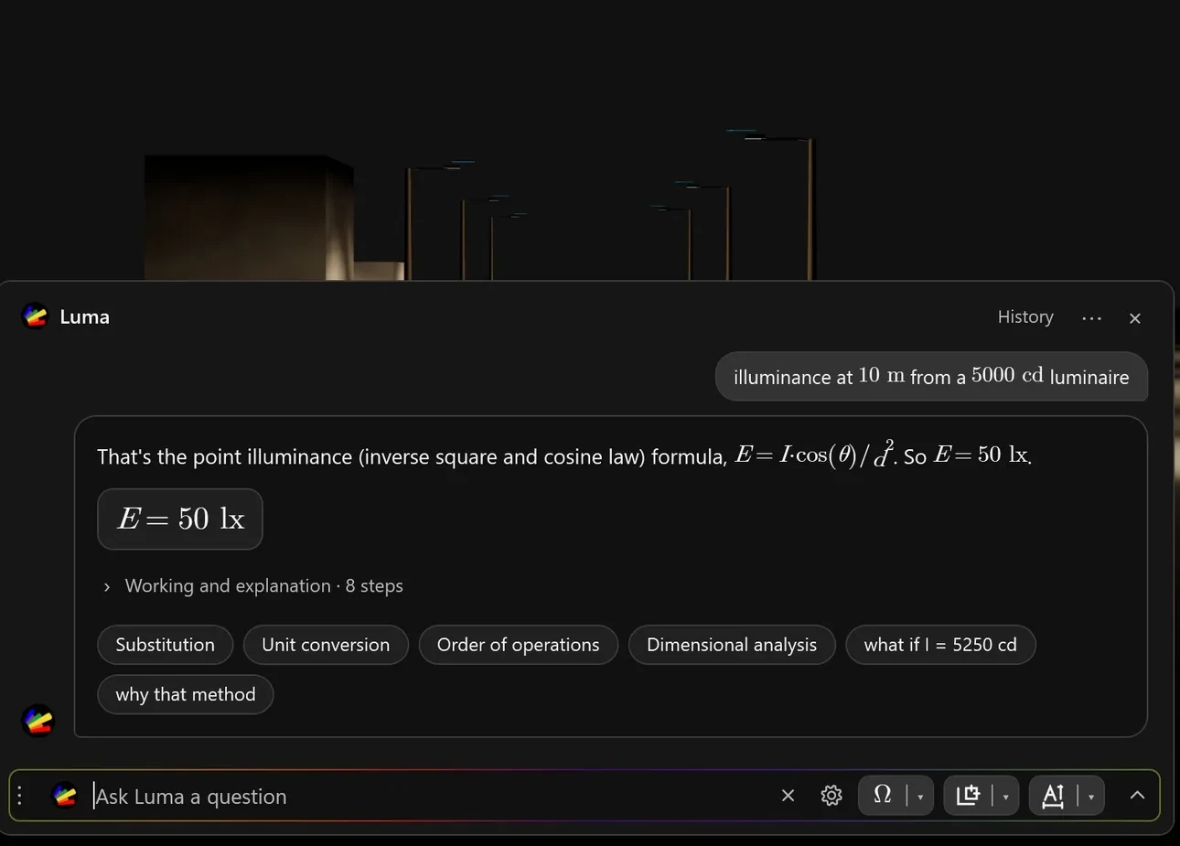 Luma answering a lighting question in the command bar