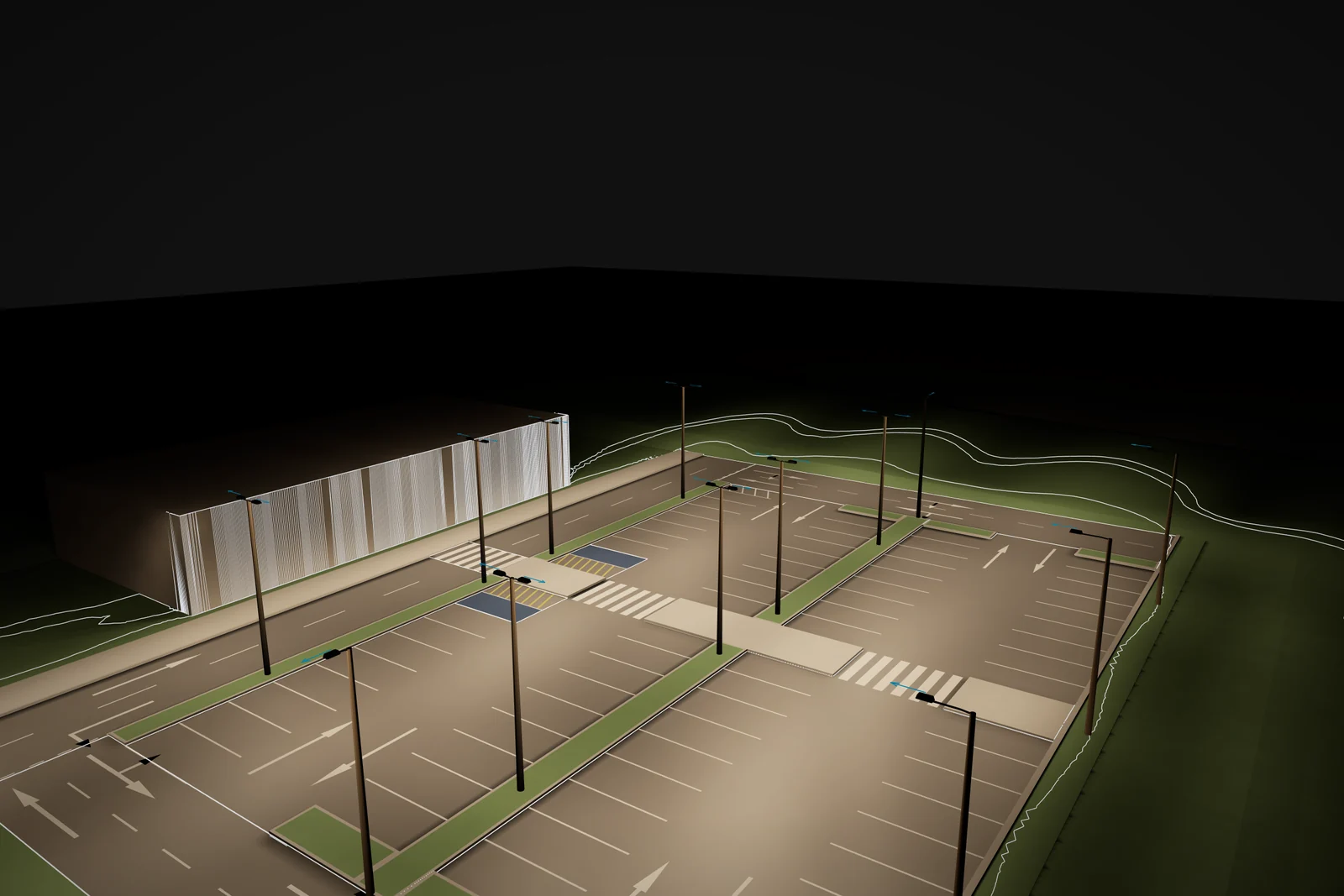 A car park lit at night in Lumadex photo mode, captured without any interface