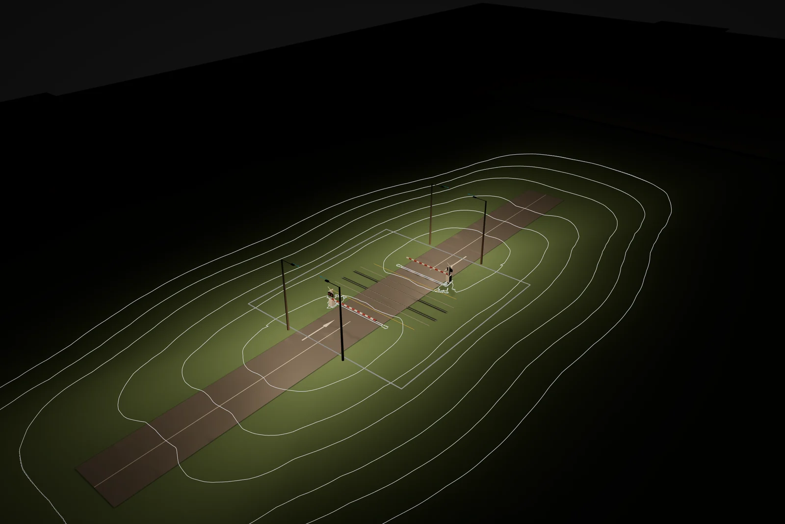 A generic two track level crossing template lit at night with its isolux contours