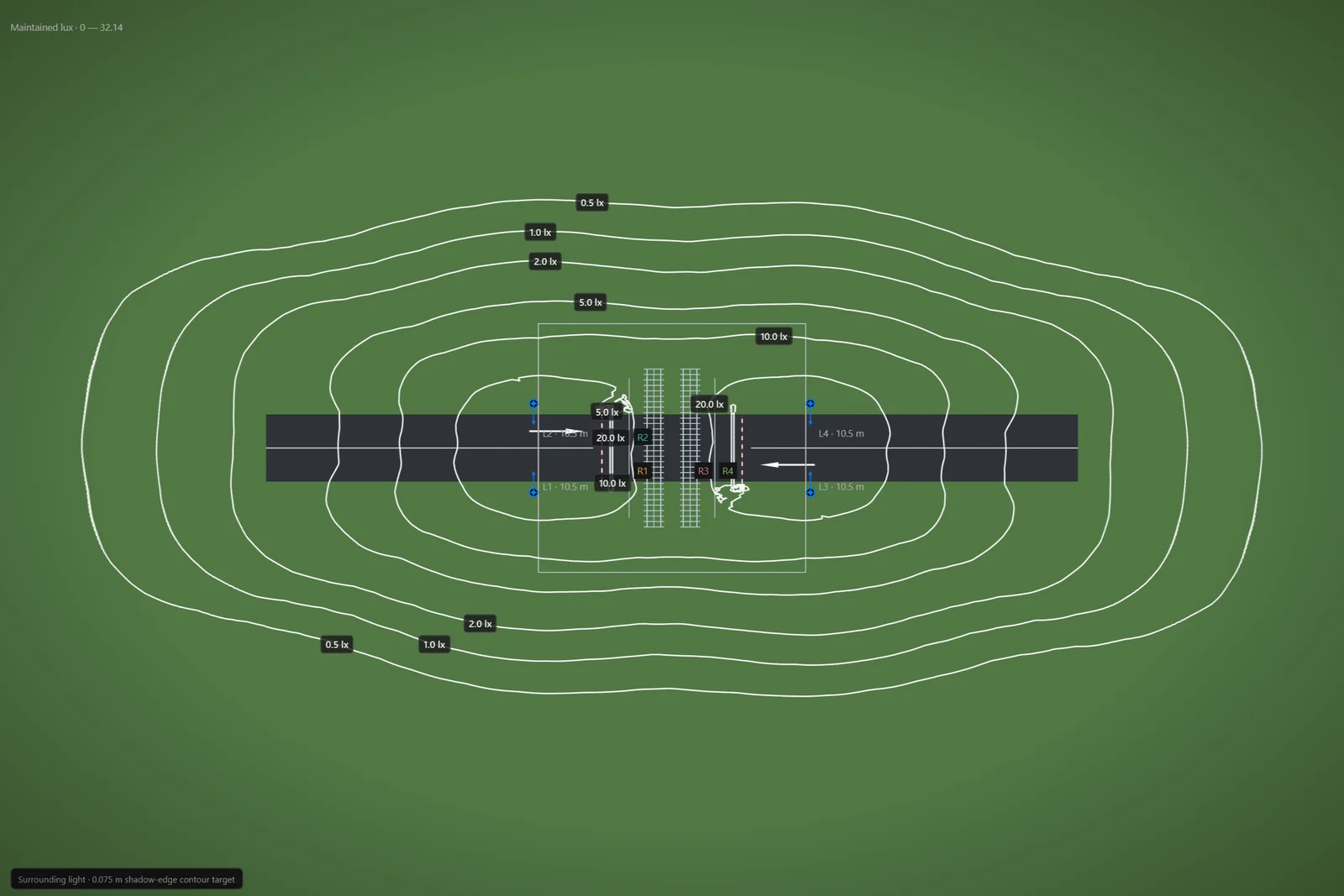 Plan of the level crossing template with isolux contours and the column setback