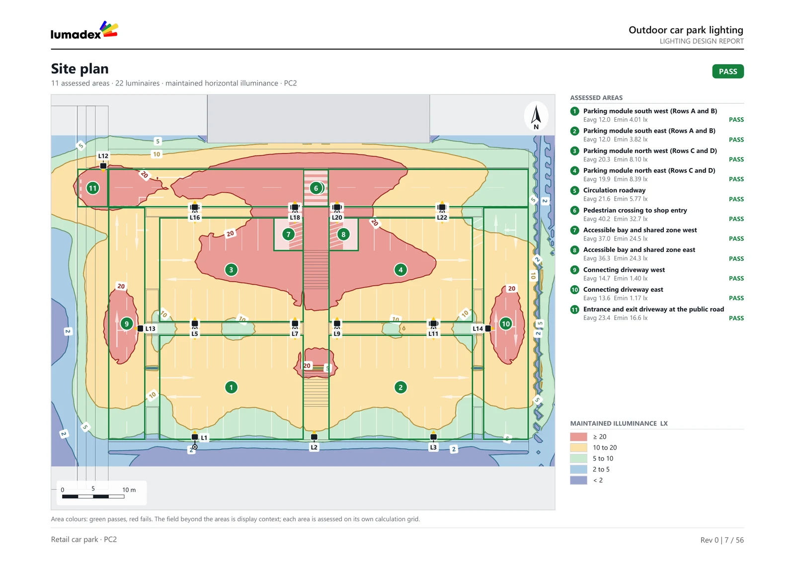 The site plan of a car park report with every assessed area, luminaire and isolux line