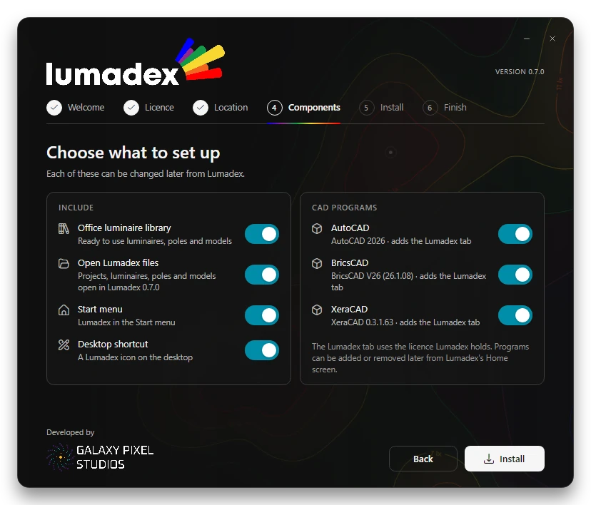 Lumadex Setup choosing the library, shortcuts and the CAD programs to add the Lumadex tab to