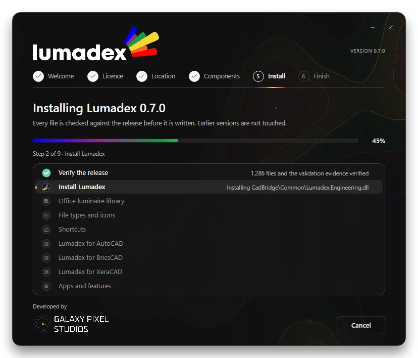 Lumadex Setup installing, with each step on its own row and the overall progress