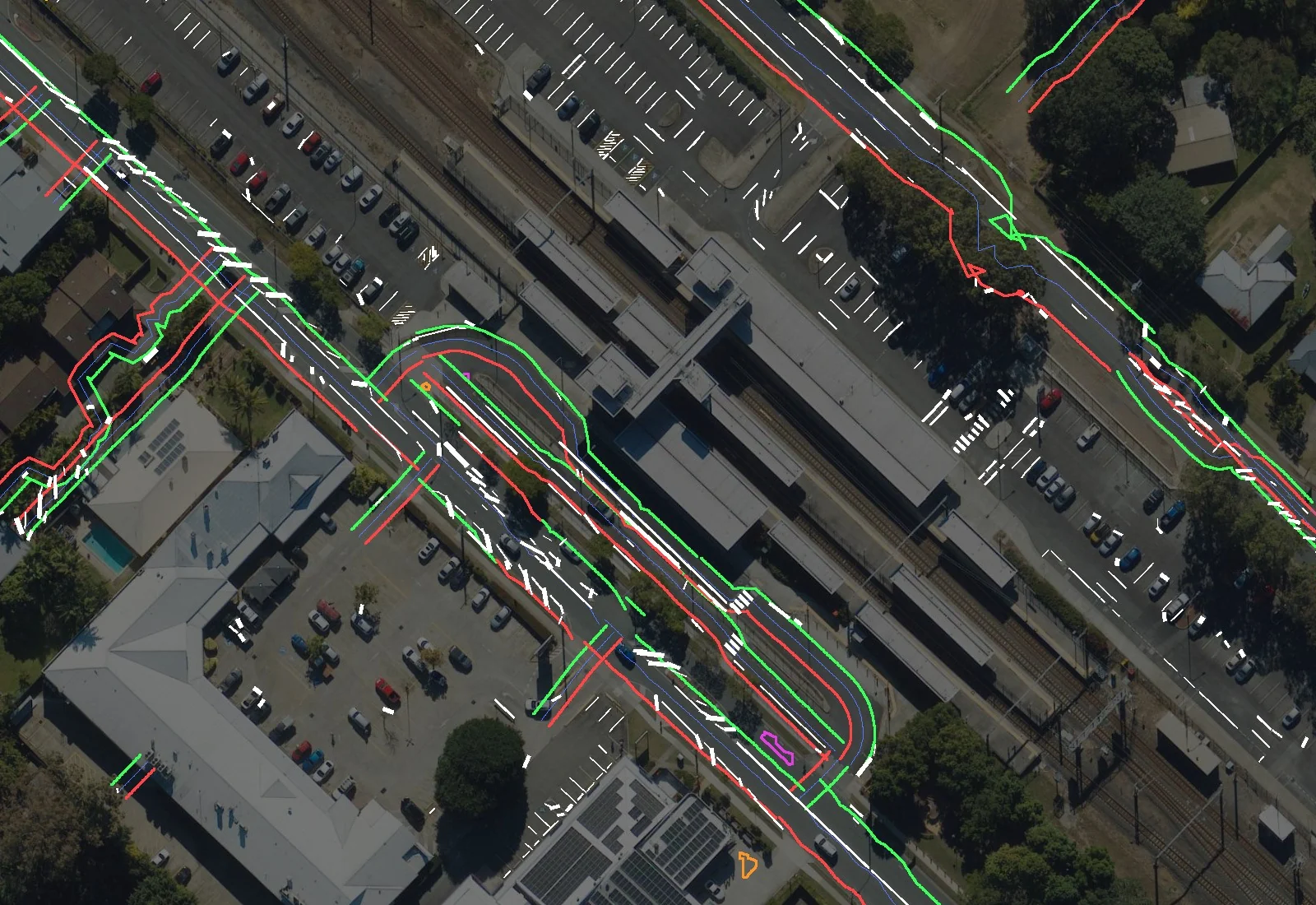 Kerb lines and line marking measured from the aerial image of a residential street network