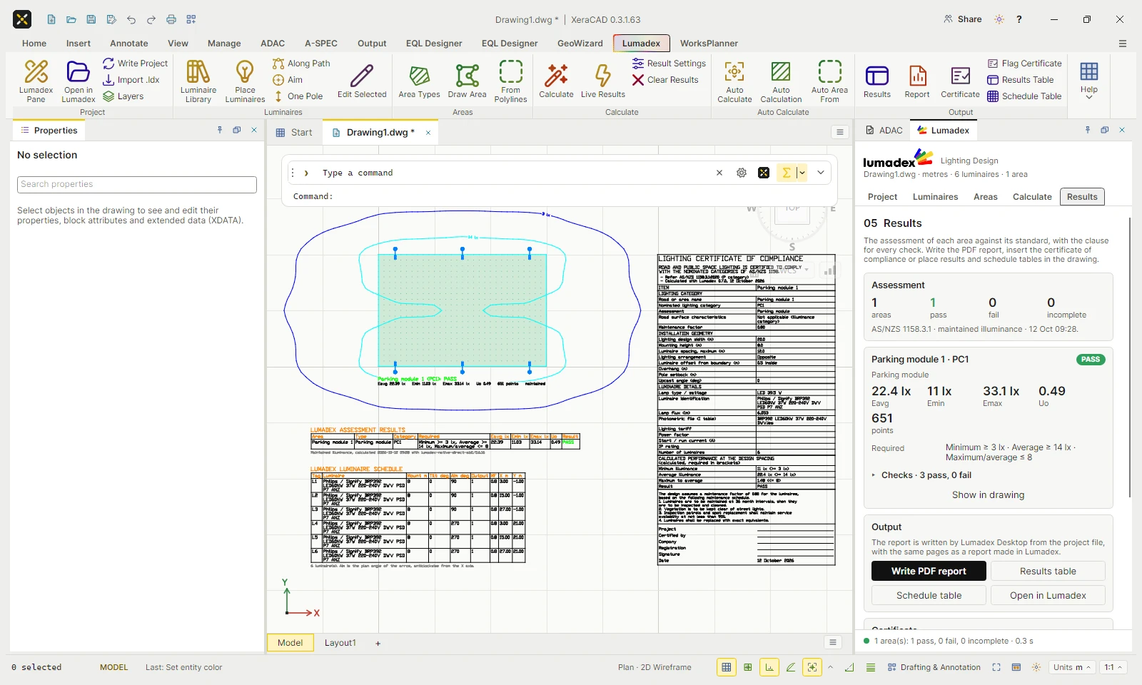 The same car park module and certificate in the XeraCAD light theme